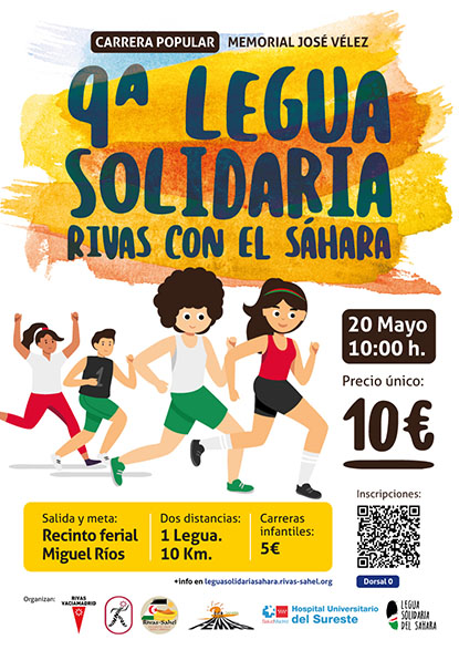 Cartel 4 personas corriendo la 9 legua solidaria por el sahara el 20 de mayo 2023