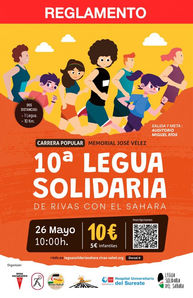 Cartel en tonos naranjas y amarillos con distintos corredores y corredoras participanto en la 10 legua solidaria con el sahara